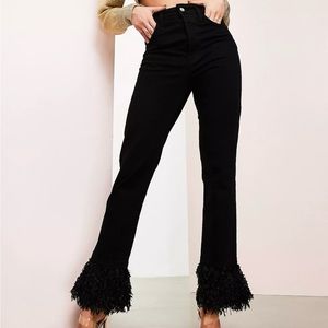 NWT ASOS LUXE black straight leg jeans with black faux feather hem